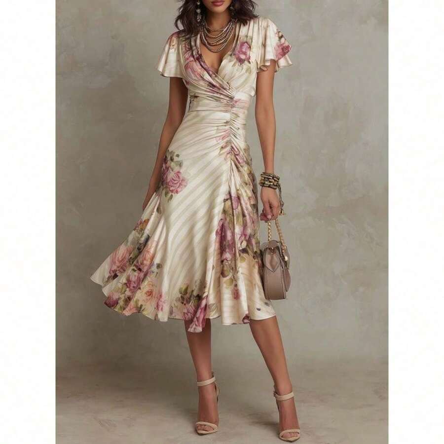Vestido elegante de manga corta con volantes y cuello estampado, ideal para fiestas - Blanco marfil - Ver 1