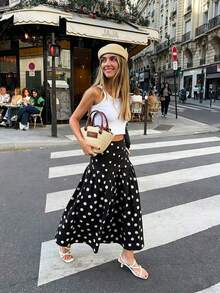 Falda larga de línea A con volantes y lunares negros, elegante y casual para verano/primavera - Negro - Ver 1