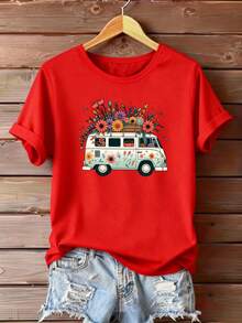 1pc Camiseta de Manga Corta para Mujer Talla Grande con Estampado Vintage de Autobús Lleno de Flores y Naturaleza - Blusa Casual de Cuello Redondo, Top Cómodo para Atuendos Informales, Lavable a Máquina para Damas de Tallas Grandes, Conjuntos a Juego para Amigas y Parejas 1pc - [Rojo] - Ver 6
