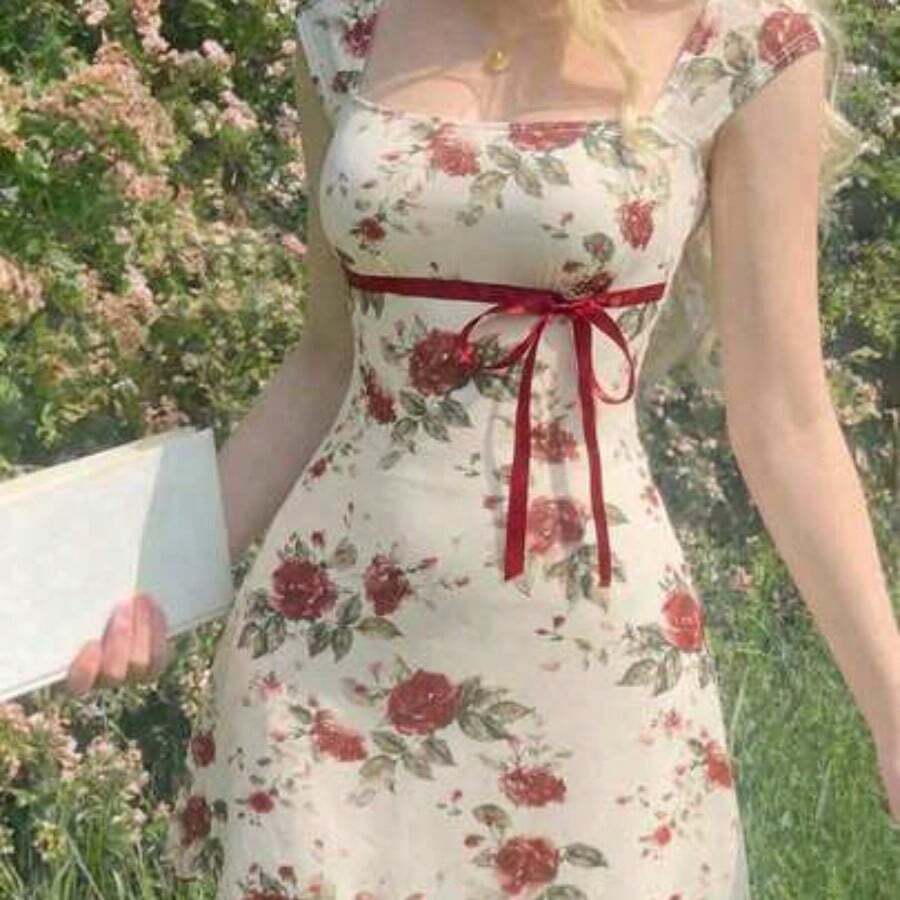 guangzhougaolangshangmao MOD Vestido con estampado floral de pliegues de malla con lazo - Multicolor - Ver 1