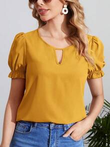 Blusa con cuello de ojal y manga abullonada, blusas de manga corta - Mostaza Amarilla - Ver 6