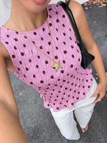 Top sin mangas de verano con cuello redondo, volantes en el bajo y lunares en la cintura, top de verano casual de color rosa para mujeres, top sin mangas con lunares para el verano - Rosa - Ver 1