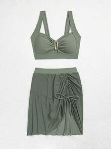 jeederkim New Summer Women Bikini Top With Metal Decor, Matching Sheer Mini Skirt, Suitable For Beach Wear Vacation - Army Green - View 8
