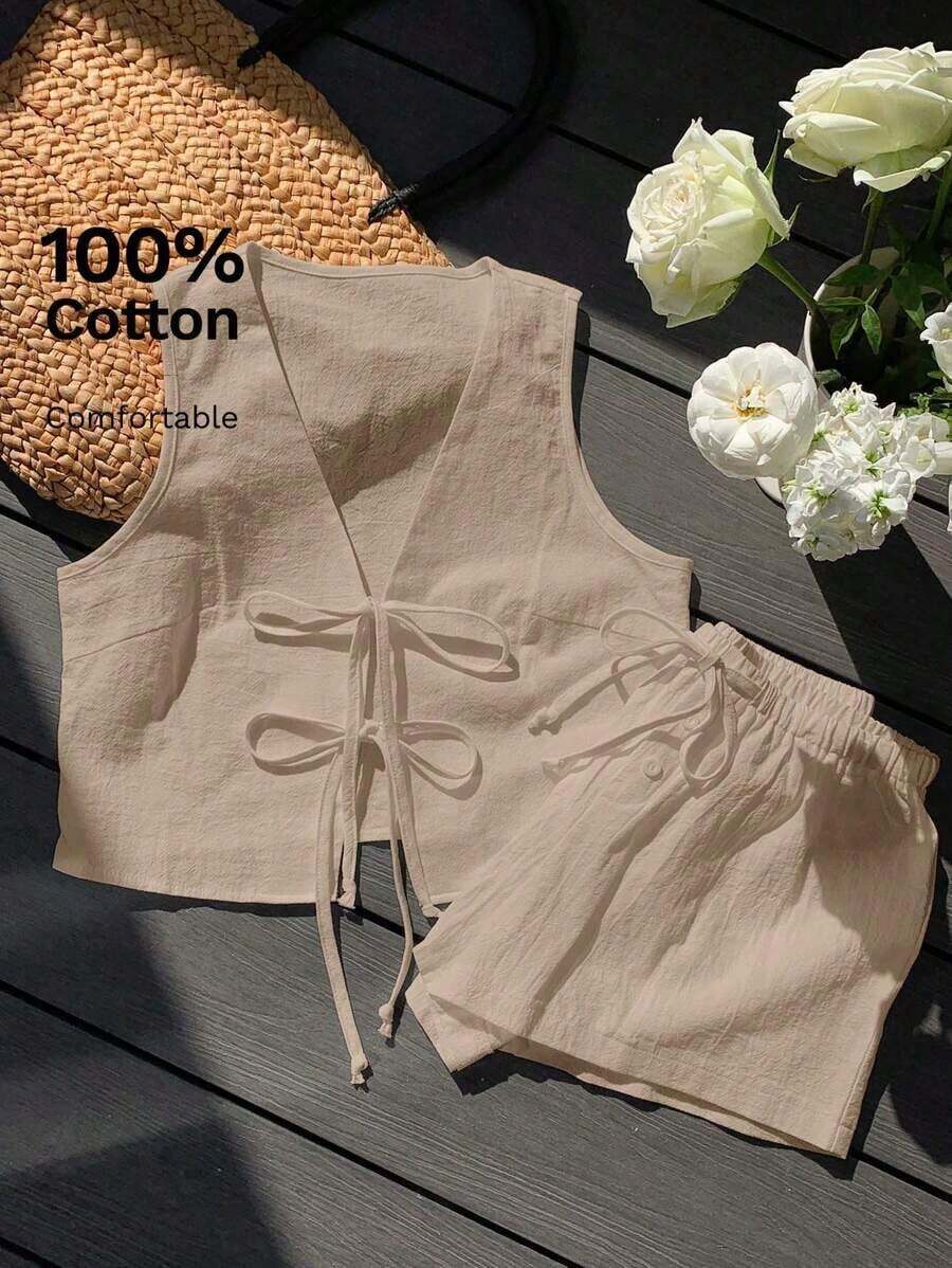 Conjunto casual de 2 piezas de top corto sin mangas con cordones delanteros y shorts para mujer en beige - Albaricoque 3 - Ver 1