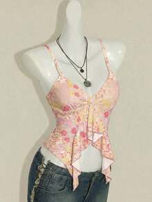 Top informal de tirantes con escote en V, dobladillo con volantes y estampado floral rosa para vacaciones' - Multicolor 3 - Ver 3
