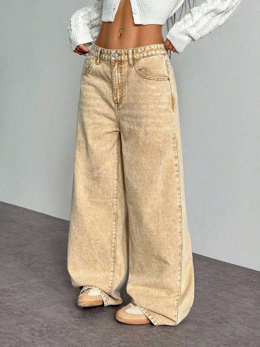 Jeans rectos y sueltos informales con bolsillos para mujeres - Caqui - Ver 1