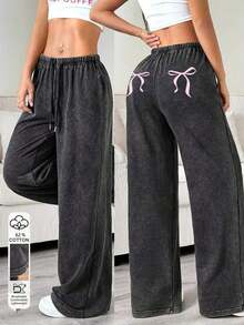 Pantalones de chándal de pierna recta y cintura baja para mujer, apropiados para el verano, con efecto lavado - Negro - Ver 9