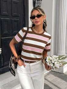 Frenchy Camiseta de manga corta holgada con cuello redondo, estilo asimétrico a rayas, minimalista y casual, versátil, adecuada para primavera/verano y temporada deportiva - Multicolor 14 - Ver 5