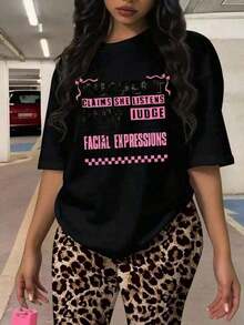 Nueva Colección Verano 2026: Elegante Camiseta de Algodón Puro de Manga Corta para Mujer, Talla Grande, con Estampado de Moda Casual, Diseño Holgado y Versátil con Patrón de Letras, Ropa de Verano para Mujer - Negro - Ver 1