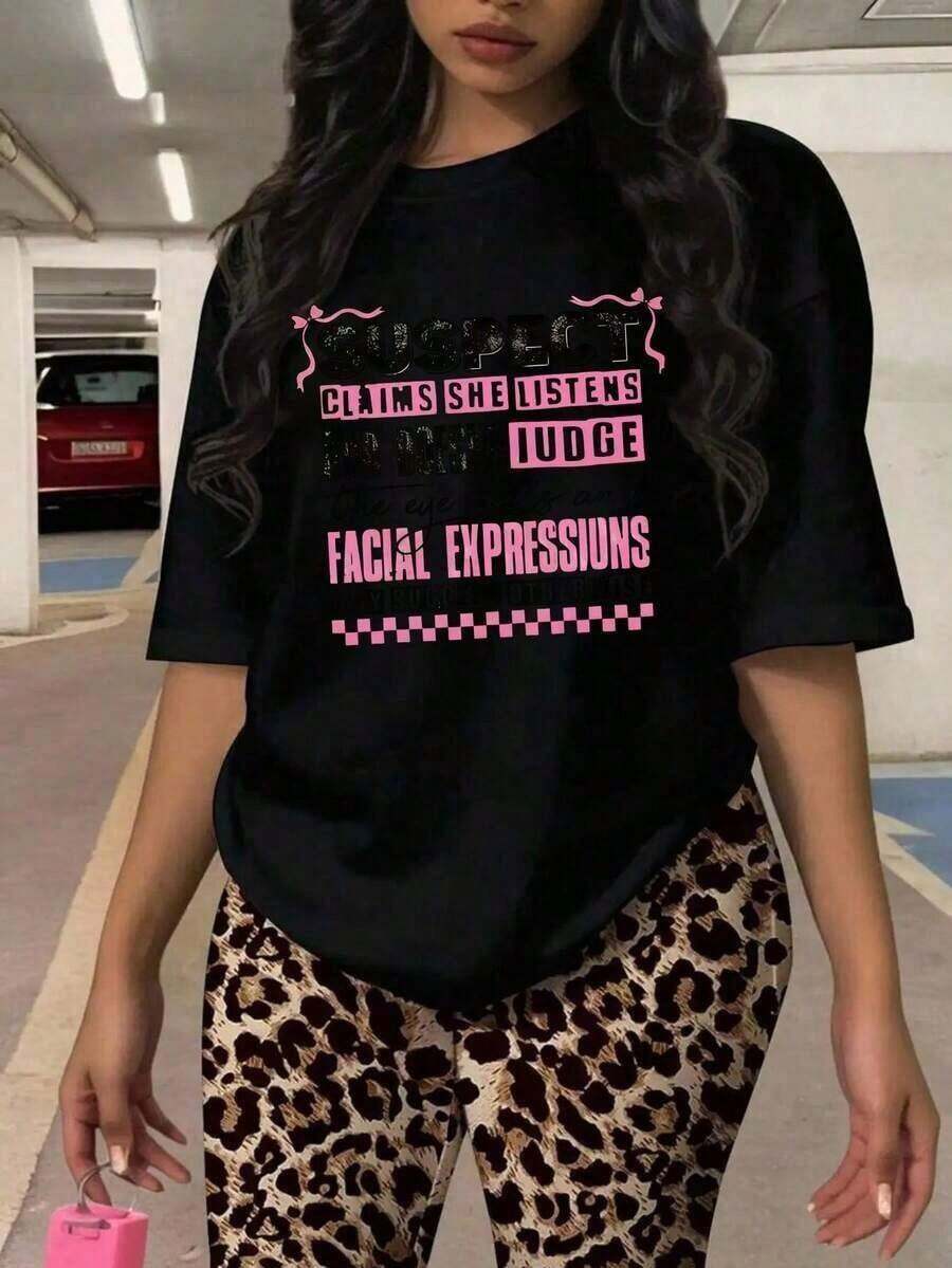 Nueva Colección Verano 2026: Elegante Camiseta de Algodón Puro de Manga Corta para Mujer, Talla Grande, con Estampado de Moda Casual, Diseño Holgado y Versátil con Patrón de Letras, Ropa de Verano para Mujer - Negro - Ver 1