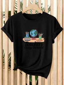 Women's Casual Blouse, New Summer Short-Sleeved T-Shirt For Women With Educational Print Of Earth And Stationery-Related Themes, Suitable For Home, Office And Travel, Versatile Top, Cotton T-Shirts For Women. - 黑色 - 查看 12
