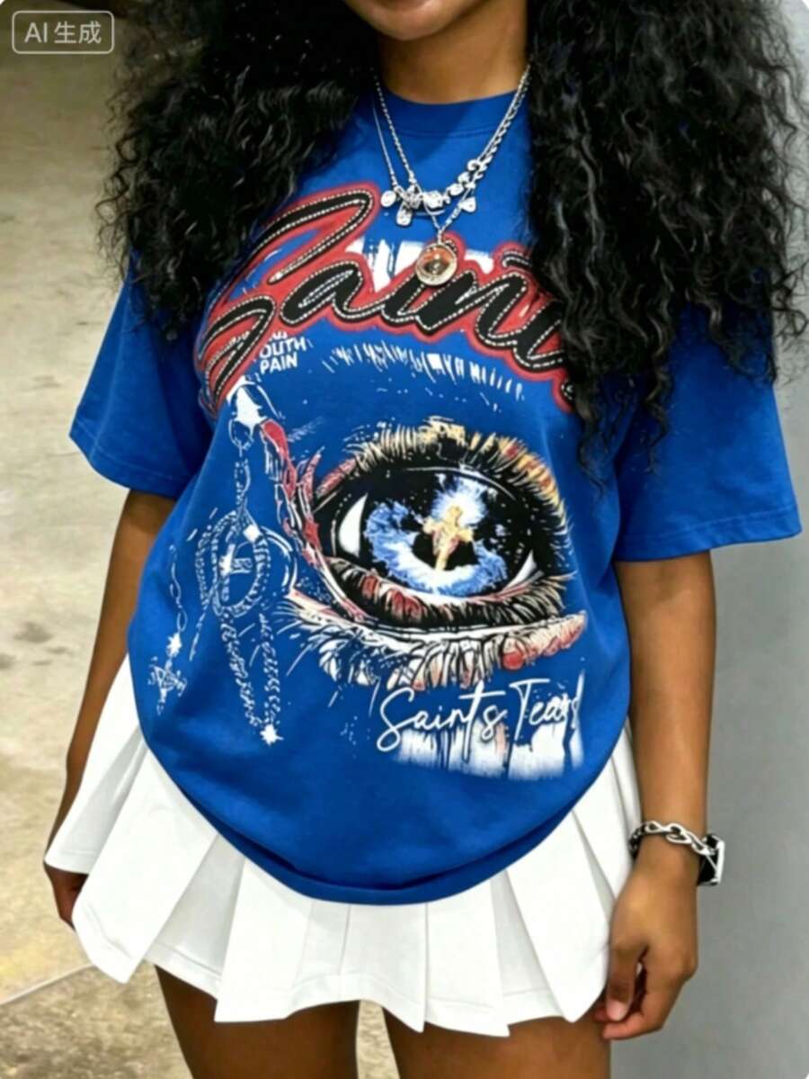 Cotton Clothes Y2K-Inspired Letter Print T-Shirt,Casual Crew Neck Short Sleeve, Perfect For Spring Summer Fall, Fashion Streetwear Unisex, Graphic Tee - 藍色1 - 查看 1