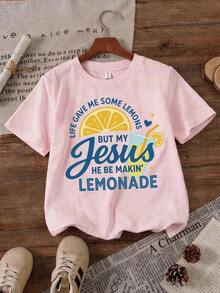 "Life Gave Me Some Lemons, But My Jesus Is Making Lemonade" Double-Sided Printed T-Shirt, Machine Washable, 100% Cotton, For Boys And Girls, Teen Clothing, Perfect Summer Gift, Casual Style For Outdoor Sports, Comfortable And Breathable, Skin Friendly, Fashionable And Versatile, Short-Sleeved Crew Neck T-Shirt That Kids Can Wear On Their Own. - 灰色 - 查看 2