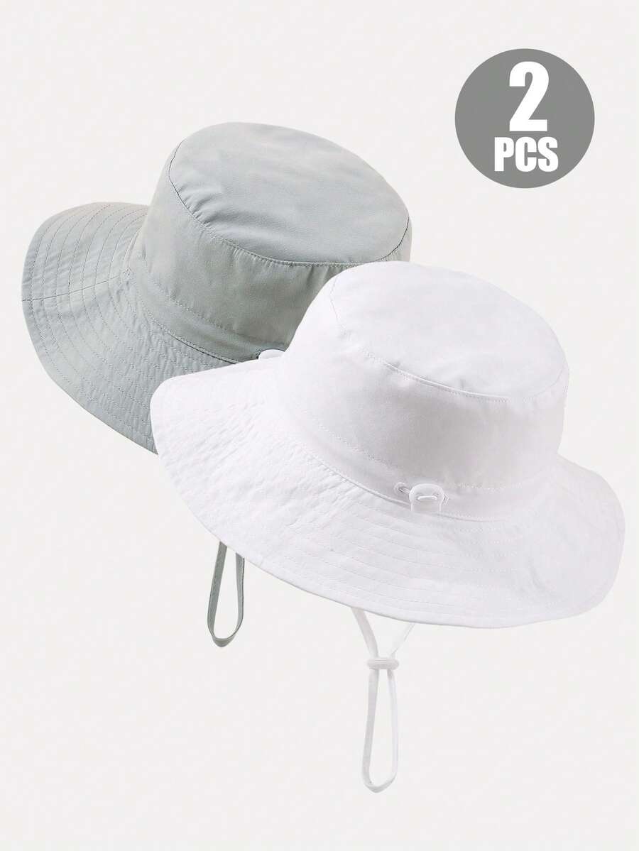 2pcs Kids' Solid Color & Printed Adjustable Sun Protection Breathable Casual Bucket Hat, Suitable For Outdoor Activities & Daily Wear - Multicolor - View 1