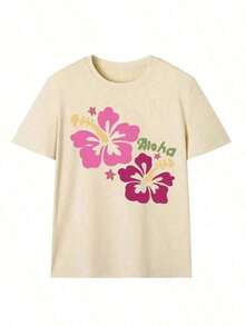 1 pieza de camiseta de manga corta azul claro con cuello redondo para mujer, diseño sencillo con letras, animales marinos, caparazón de tortuga y flores, estilo casual para vacaciones, a la moda para uso diario y de ocio, envío gratis, ropa de mujer, tops de verano para mujer, ropa de mujer, 180g de algodón 100%. - Albaricoque - Ver 2