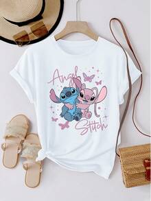 Disney T-shirt à manches courtes et col rond imprimé Minnie Mouse, orné de strass et d'un nœud papillon. Un modèle tendance et adorable. Confortable, élégant et polyvalent, idéal pour le printemps, l'été et l'automne. Un design optimiste et un tissu extensible. - Blanc - Voir 1