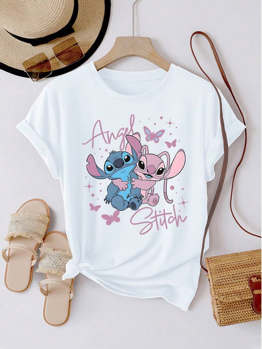 Disney T-shirt à manches courtes et col rond imprimé Minnie Mouse, orné de strass et d'un nœud papillon. Un modèle tendance et adorable. Confortable, élégant et polyvalent, idéal pour le printemps, l'été et l'automne. Un design optimiste et un tissu extensible. - Blanc - Voir 1