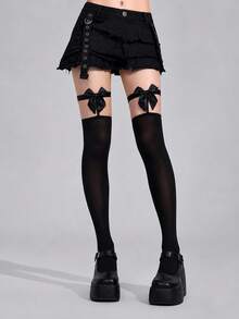 1 Pair Women's Black Fishnet Thigh High Stockings, Leopard Print Top Over-The-Knee Socks, Sexy Stretch Mesh Hosiery For Party, Club, Date Night & Daily Wear - Black - View 5