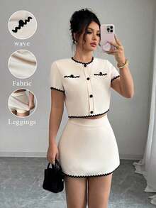 Two-Piece Set Consisting Of A Short-Sleeved Blouse With Snap Buttons And A Mini Skirt With Wavy Ribbon Trim In Contrasting Colors, Elegant French Design For Spring/Summer - 白色 - 查看 8
