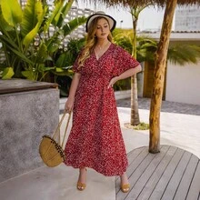 Women's Summer Dress 2023, With V-Neck And High Waist, For Plus Sizes, Loose And Long, Elegant And Slimming, Which Hides Body Imperfections. - 紅色 - 查看 3