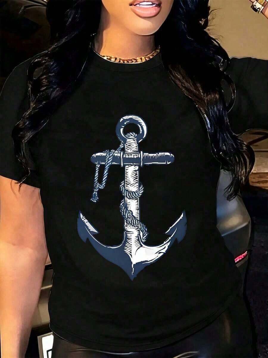 1 pieza Camiseta con diseño de ancla náutica para mujer, top casual de verano, camiseta gráfica estilo marinero blanca, ropa con temática náutica, 180g 100% algodón. - Negro - Ver 1