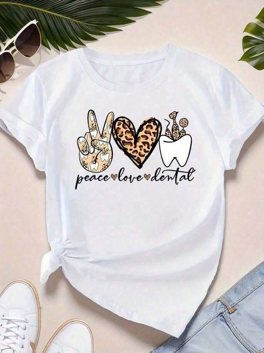 1 pieza Camiseta de Cuello Redondo para Mujer con Estampado de Leopardo, Diseño de Mano, Corazón y Diente, Estilo Casual para Uso Diario, Regalo de Cumpleaños para Dentistas o Amantes de la Odontología, 220g/180g, 100% Algodón - Blanco - Ver 1