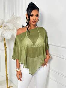 AIJ Elegant Green Sparkling Sheer Top, Off-Shoulder Asymmetric Mesh Cover Up For Women, Casual Summer Outing And Beach Cover-Up - Olive Green - View 5