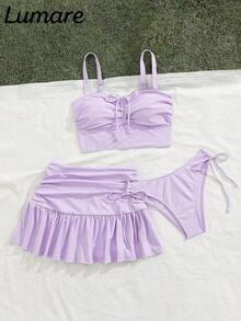 Conjunto de 3 piezas de top camiseta deportiva casual y de unicolor con shorts de natación con cordón, falda plisada con volantes, tela de estiramiento medio, traje de baño bikini para vacaciones, playa, piscina, en la playa, verano - Beis - Ver 3