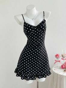 Women's Polka Dot Print Sundress With Ruffles At The Hem And A Front Bow - 黑色 - 查看 3
