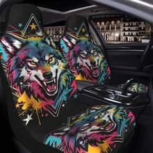 1pc Creative Colorful Wolf Head Print Car Seat Cover, Breathable Mesh Fabric, Soft & Comfortable, Suitable For Summer, Decorative Car Interior Accessory, Unisex Car Seat Cover, Fit For Sedan, SUV And Van - Multicolor - View 3