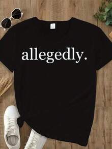 Camiseta de Mujer con Estampado de Letras, Cuello Redondo, Manga Corta, Ligera, Semi-Transparente, con Micro-Elástico, Lavable a Máquina, para Primavera y Verano - Negro - Ver 1