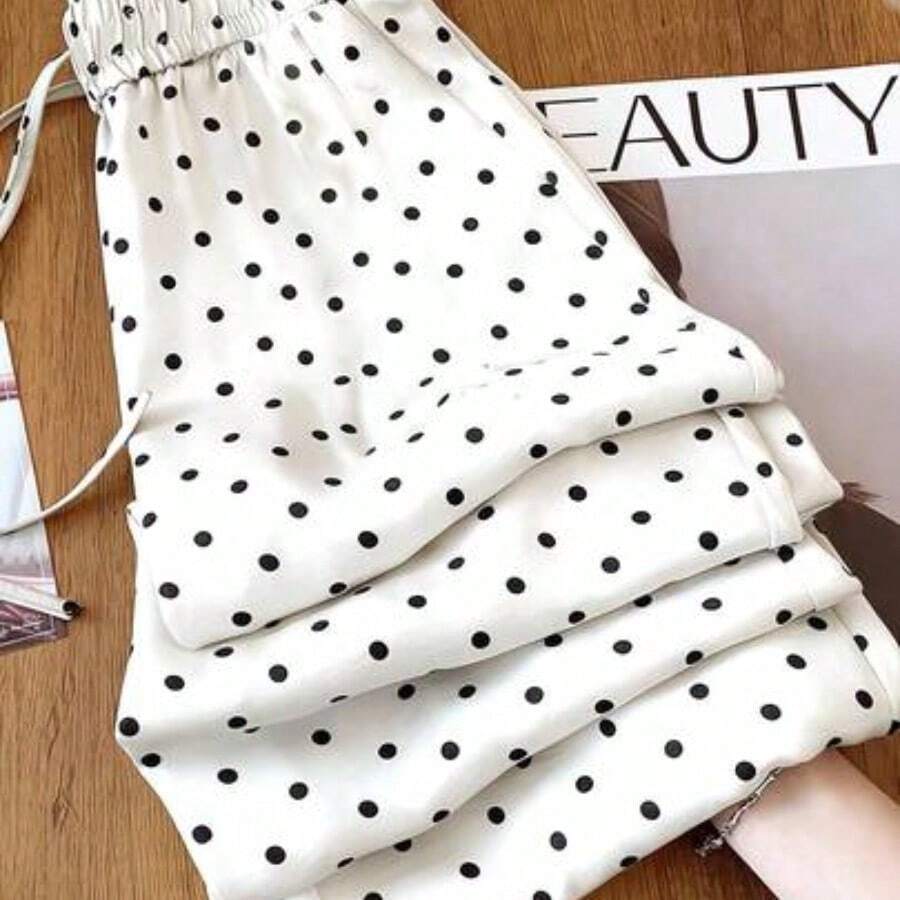 MewMuse. Pantalones rectos de satén con lunares y cintura con cordón, cintura alta, sueltos y drapeados, adecuados para vacaciones, ceremonias de graduación, festivales de música, estilo bohemio, Día de la Independencia, ir al trabajo y uso casual - Blanco - Ver 1