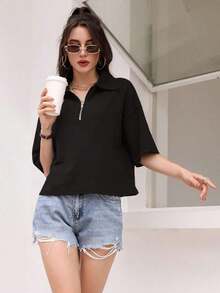 Camiseta de manga corta de unicolor casual, versátil para camisa polo de verano para mujer, blusas polo casuales, tops para mujer - Negro - Ver 1