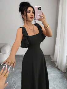 Vestido elegante minimalista de alta gama para mujer, adecuado para uso diario, fiestas, banquetes y meriendas, con diseño de dobladillo con volantes y vestido de línea A con cintura roja - Negro - Ver 4