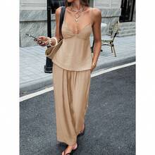 Conjunto de blusa tirante y pantalones largos para mujer de verano, estilo vacacional y look hot girl - Caqui - Ver 2