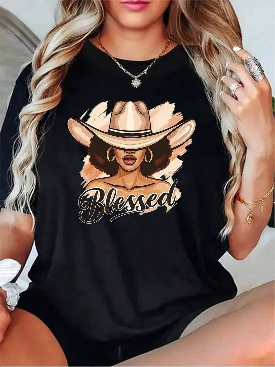 1 pieza de playera para hombre y mujer, 100% algodón puro, cuello redondo casual con estampado, manga corta transpirable para uso diario, dise?o con estampado de rostro femenino y sombrero de mezclilla - Negro - Ver 1