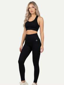 Women's Two-Piece Ribbed Design Activewear Set, Fitness Set, Workout Set, Legging And Top Set With Back Adjuster - 黑色 - 查看 6