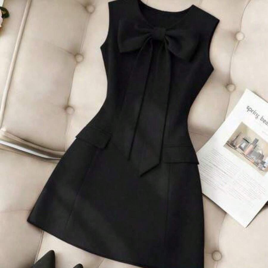 guangzhougaolangshangmao Vestido de mujer de unicolor, cuello redondo, ajustado, con lazo delantero y sin mangas - Negro01 - Ver 1