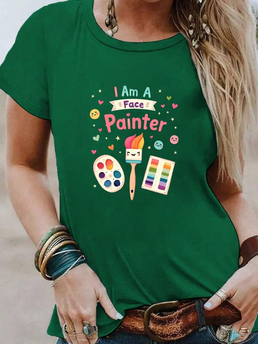 Talla grande - talla extra grande - camiseta de mujer, hecha de algodón puro, tela ligera y transpirable, diseño de cuello redondo, diseño estampado, corte de manga corta, adecuada para primavera y verano. - Verde - Ver 1