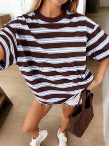 Y2K Cute Pink Striped Print T-Shirt, Casual Top For Women, Plus Size Round Neck Short Sleeve T-Shirt Summer Brown - Brown - View 1