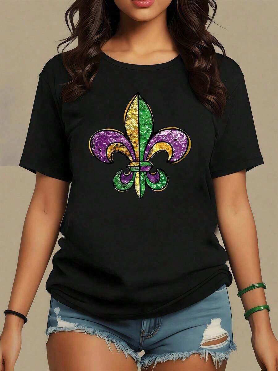 Flor de lis en tonos dorado morado y verde que simboliza alegría festiva y tradición del carnaval camiseta de mujer 100% algodón 180g - Negro - Ver 1