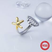 1 pieza Anillo de plata de ley 925 con diseño de estrella de mar y concha, adecuado para verano, playa, fiesta, uso diario, regalo para amigos y familia - Dorado - Ver 8