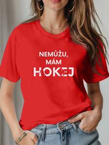 Women's Patterned Pure Cotton T-Shirt By Parker NEM U  HOKEJ, Comfortable And Versatile Short Sleeve Casual Blouse. - 紅色 - 查看 7
