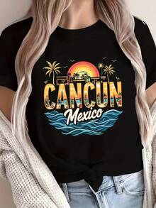 Camiseta de Algodón Suave para Mujer - Temática Vacaciones en Cancún, México, con Diseño de Palmeras y Ondas - Camiseta Ligera para Uso Diario, Verano, Playa, Fiesta, Viaje, Recuerdo - Lavable a Máquina, Top Casual, Diseño de Atardecer, Ajuste Cómodo, Camiseta de Recuerdo de Playa, blusa casual mujer - Negro - Ver 7