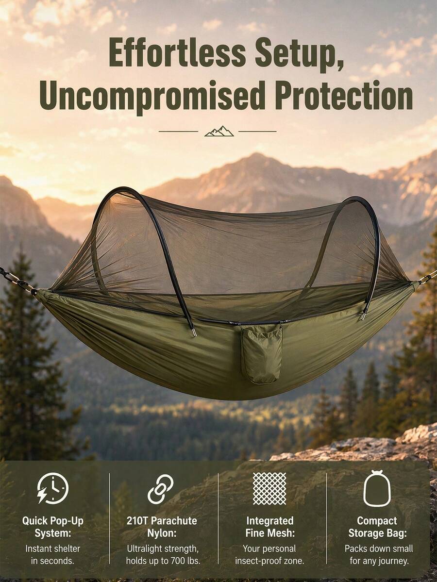 URBANWAVE Pop-Up Camping Hammock With Mosquito Net, Quick Setup Outdoor Swing Bed, 700 Lbs Weight Capacity Portable Parachute Nylon Hammock - Mosquito Net Money - View 1