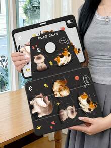 One Item: Tri-Fold Rotating Stand Acrylic Case Compatible With IPad, Cute Cartoon Cat Design, Full Coverage, Non-Magnetic Shockproof, Suitable For 11th /10th /Air 2026/Pro 11/13-Inch Models. Perfect For Students/Office Workers/Daily Commuters. - Black - View 3