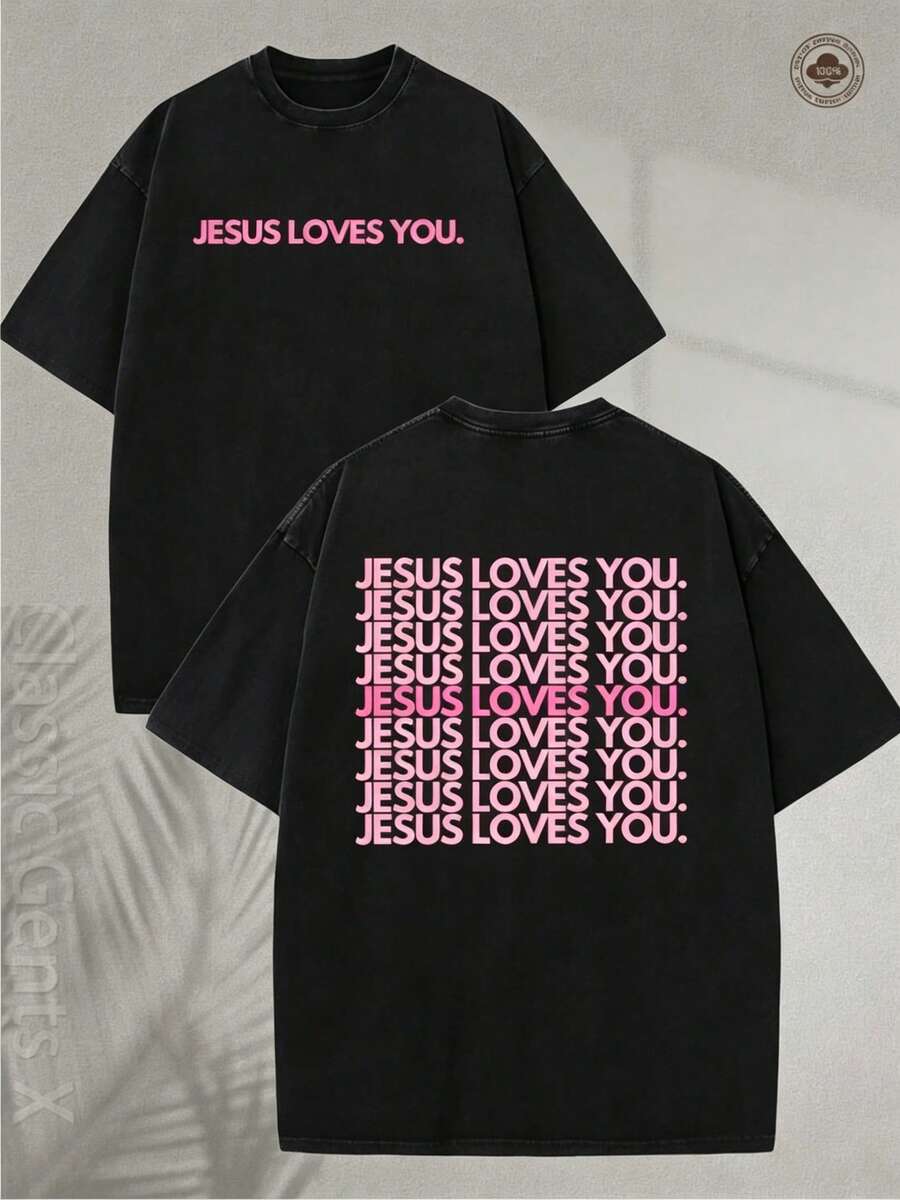 T-Shirt With Intense Washed Effect - T-Shirt With Religious Print "Jesus Loves You", Lettering In Pink, Green And Pink With Double-Sided Print - Christian Clothing, Unisex Crew Neck, Suitable For Church, Casual Wear, Ideal For Gifting - Soft Crew Neck And Machine Washable. - 黑色 - 查看 1