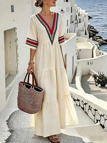 Holidaya Vestido casual de mujer con rayas y parches - Albaricoque - Ver 6