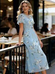 Vestido elegante con estampado floral, mangas con volantes y tela de gasa azul para mujeres - Albaricoque - Ver 11