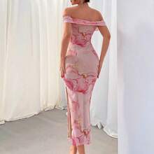 YijiaNvz  Vestido largo ajustado con hombros descubiertos, estampado floral rosa con malla, romántico para la cita del Día de San Valentín de la mujer - Multicolor - Ver 4